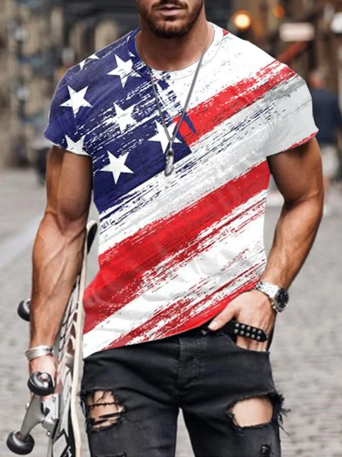 Men's Red White Blue Stars And Stripes Print Casual Short Sleeve T-shirt