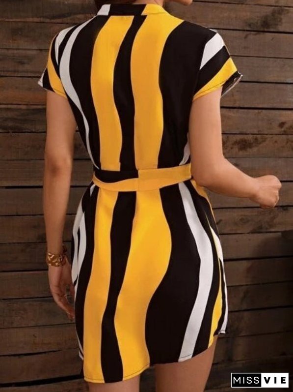 Women's Dresses V-Neck Striped Short Sleeve Belt Dress