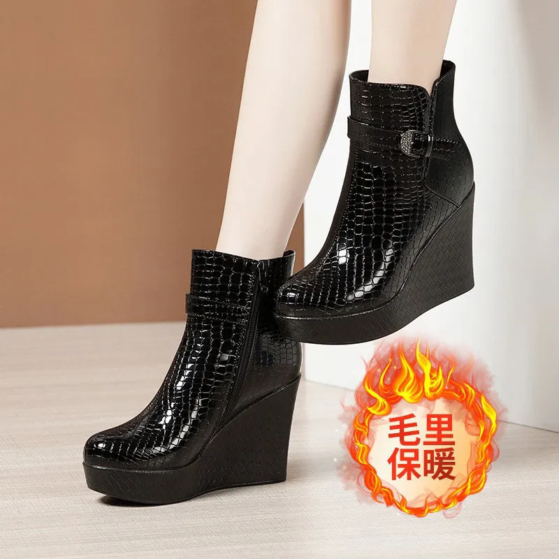 Breakj Breakj Slope And Short Boots Women Thick-Bottom Waterproof Leather Boots Light And Slip Single Boots Autumn And Winter Side Zipper Plus Velvet Martin Boots