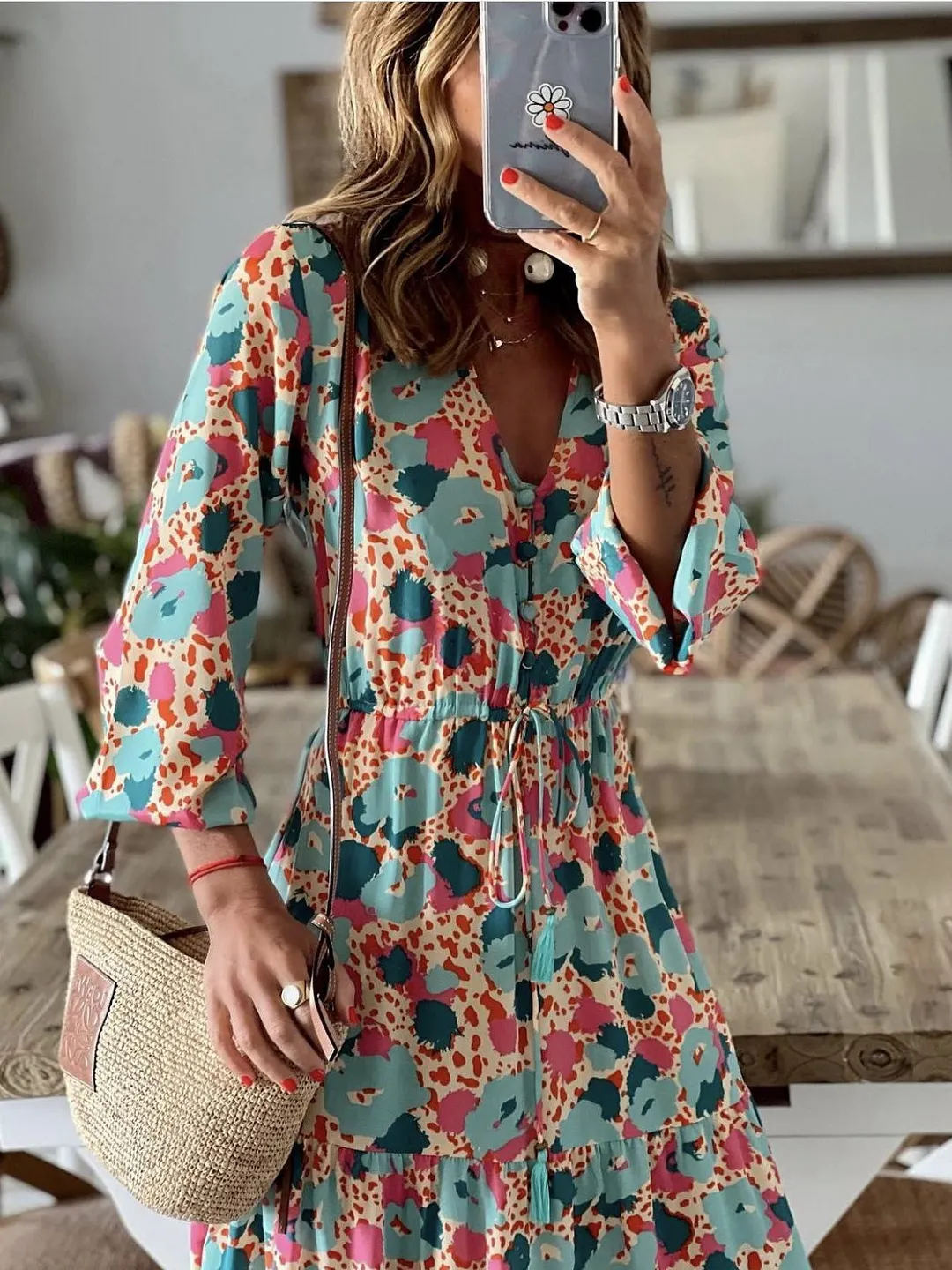Women'S Dresses Printed V-Neck Ruffle Long Sleeve Dress