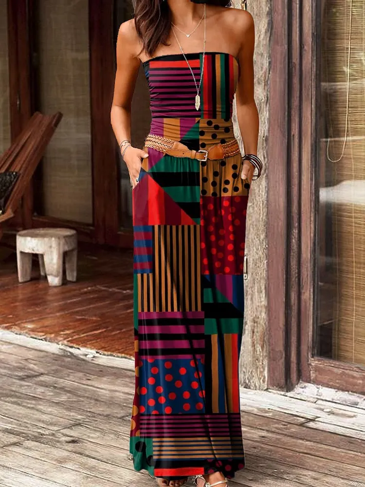Women's Vintage Art Print Cozy Causl Plunge Sleeveless Long Dress