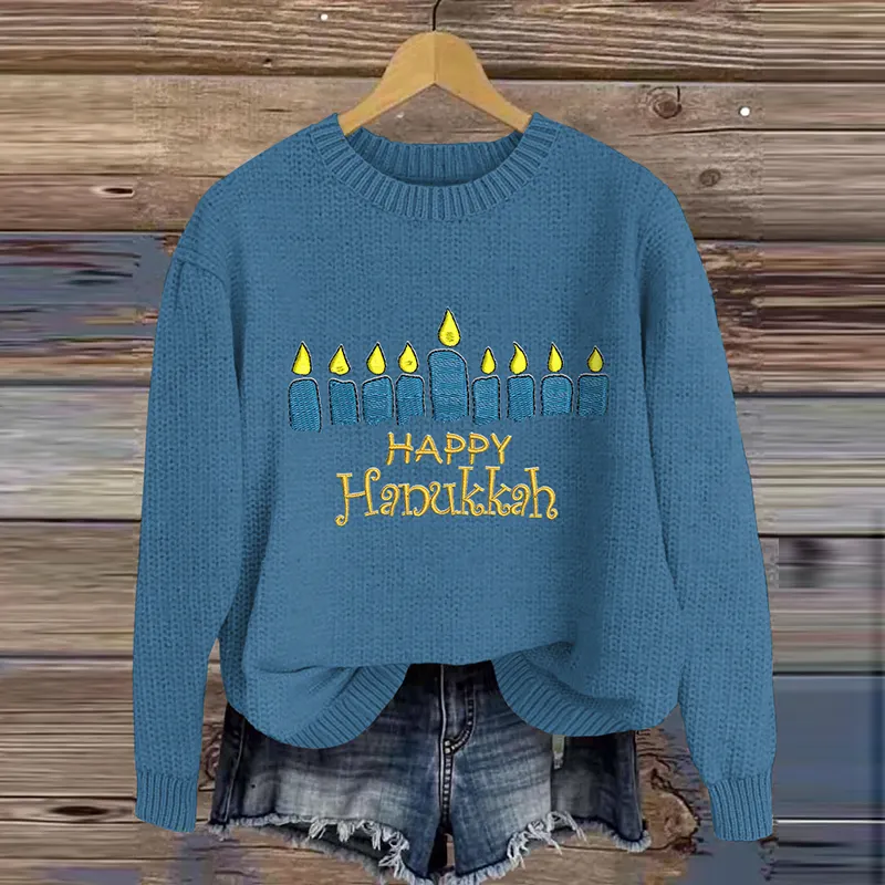 Hanukkah Menorah Embroidered Knitted Sweater
