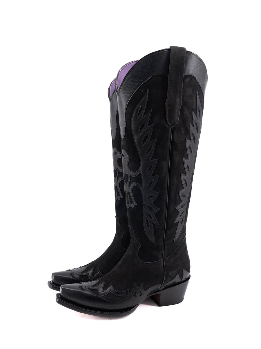 Black Vegan Leather Snip Toe Embroidered Wide Calf Knee-High Cowgirl Boots 