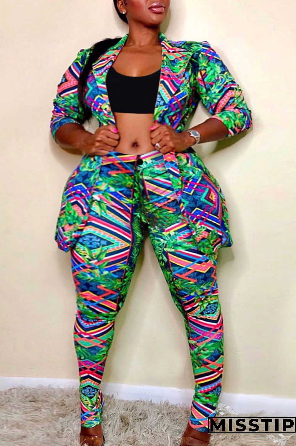Leopard Print Fashion Casual Print Cardigan Pants Turndown Collar Plus Size Two Pieces