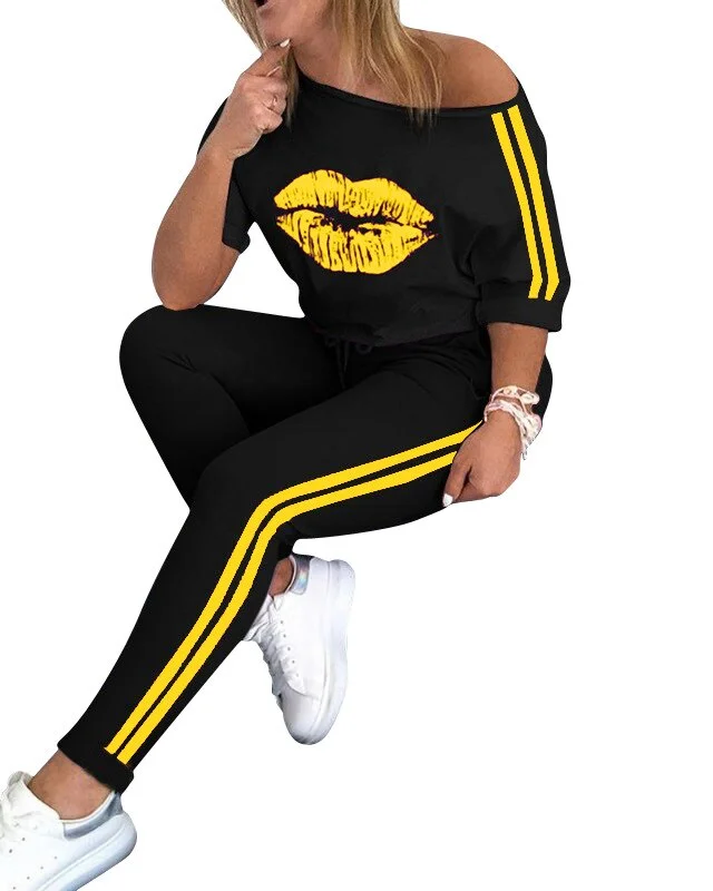 CM.YAYA Autumn Sport Lips Print Tops Striped Women's Set Jogger Pants Suit Active Wear Tracksuit Two Piece Set Fitness Outfit