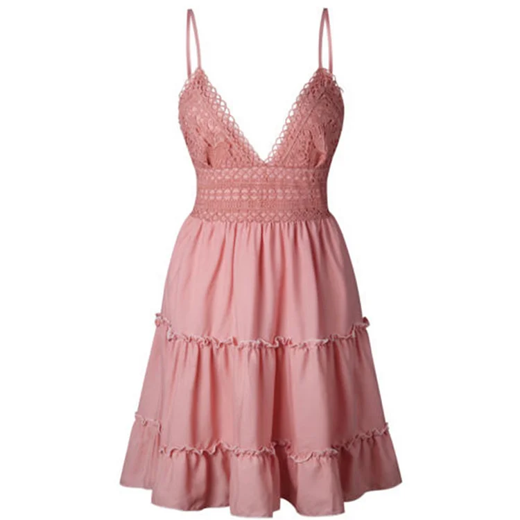 Summer Women's Lace Sexy Bow Knot Backless V Neck Sleeveless Mini Dress