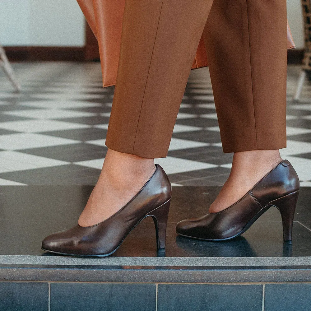 Brown Vegan Leather Round Toe Chunky Heel Slip-On Pumps for Women