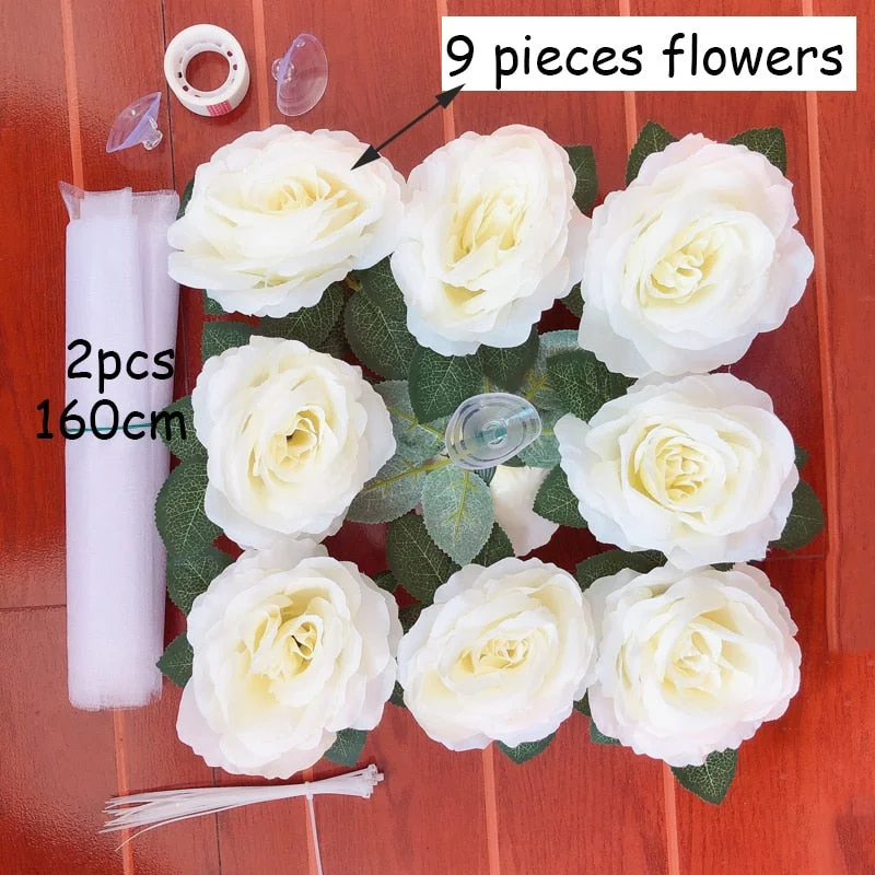 Back to school decoration White Rose Artificial Flower for Wedding Car Decoration Bridal Car Decorations + Door Handle Ribbons Silk Flower