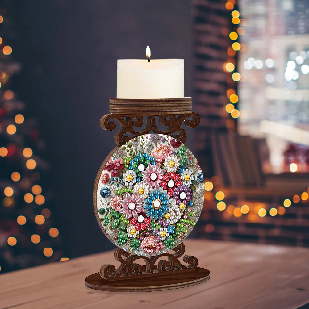 Wooden Diamond Painting Candle Holder Rhinestone Candlestick Decor (Flower)