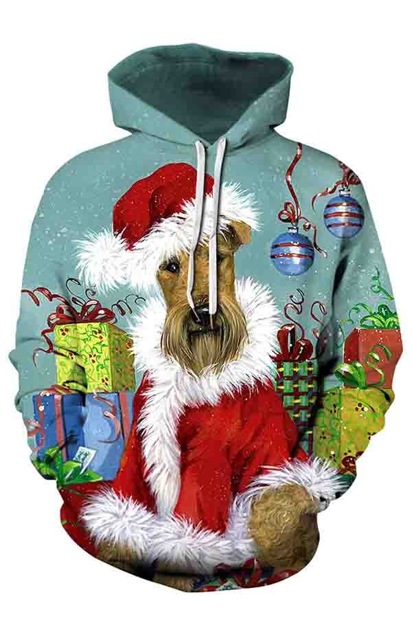 Christmas Dog Print Long Sleeve Pullover Hoodie Camel-elleschic