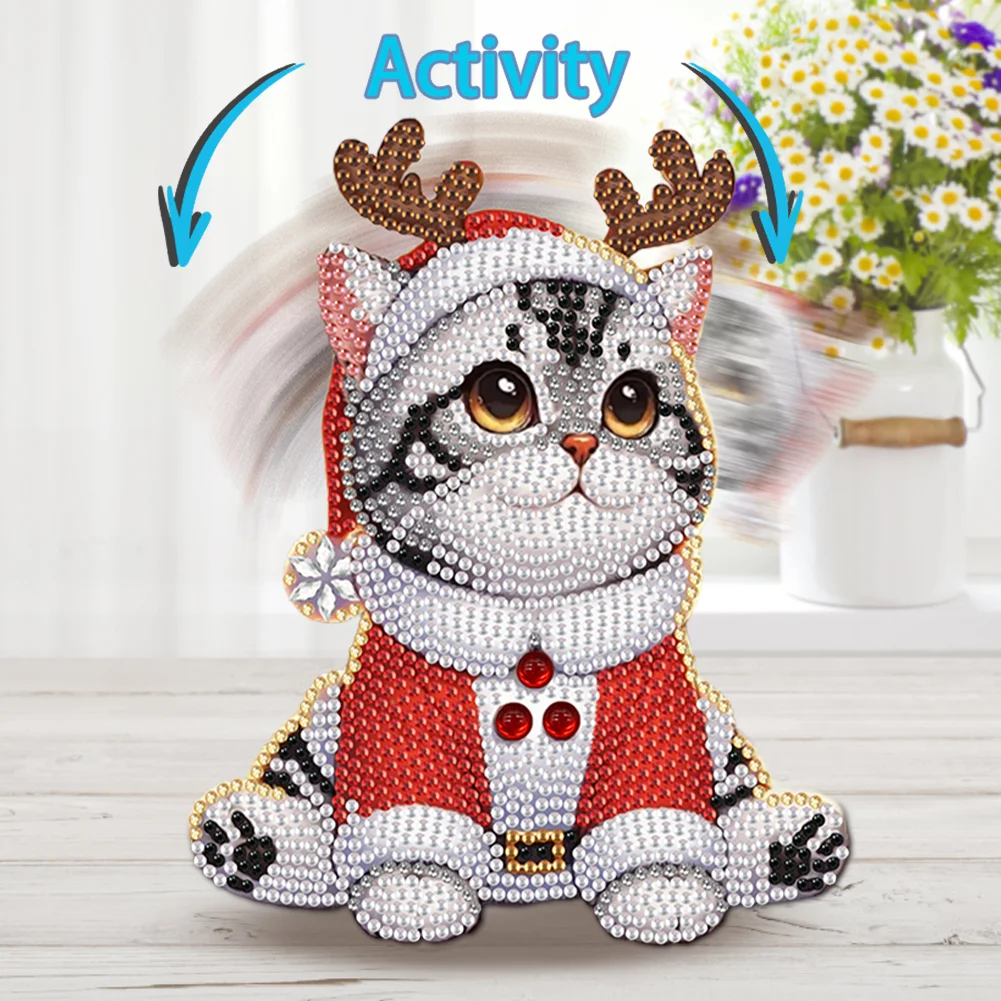 Xmas Acrylic Shaking Head 5D DIY Diamond Art Tabletop Decoration (Christmas Cat)