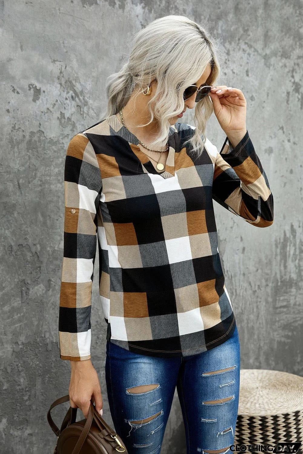Contrast Plaid V Neck Long Sleeve Top