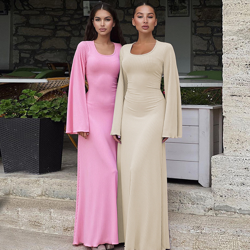 Ootddress Scoop Neck Lace-Up Ribbed Maxi Dress Female Long Sleeve Fashion Slim Loose Bandage Dress Autumn 2025 Solid Women Dress New