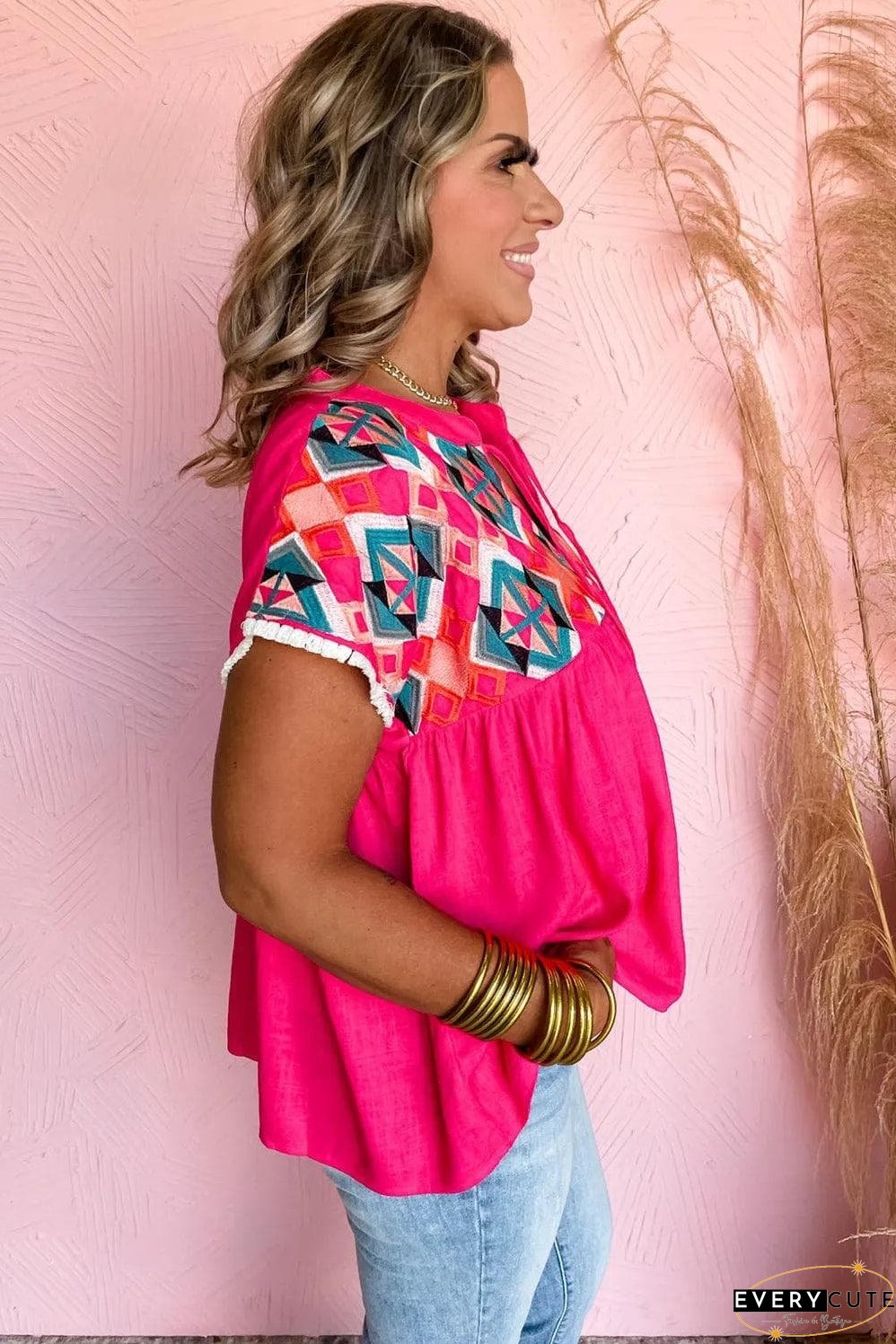 Strawberry Pink Geometric Embroidered Tassel Tie V Neck Blouse