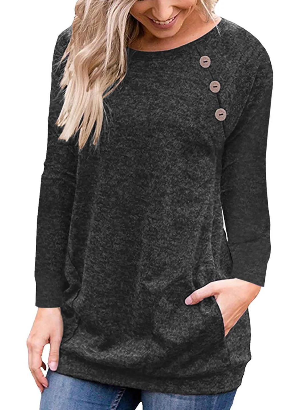 Casual Solid Button Long Sleeves Tunic Pocket Long Sleeve T-shirt