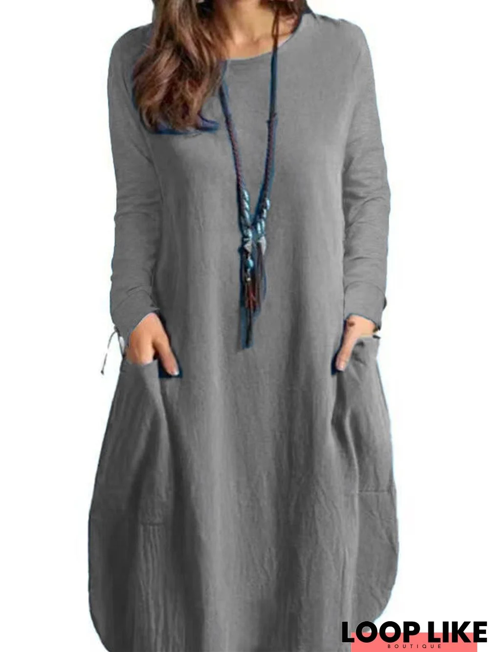 Cotton Linen Loose Casual Solid Color Pocket Long Sleeved Dress