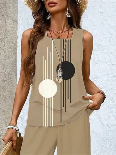 Women's Sleeveless Square Collar Geometric Graphic Printed Casual Set
