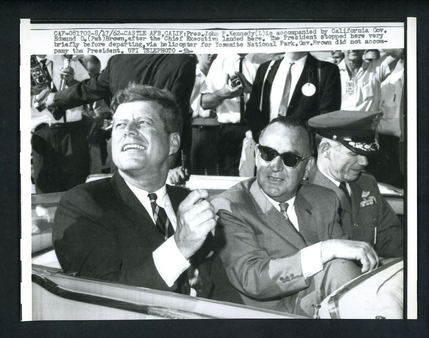 President John Kennedy California Governor Pat Brown motorcade 1962 Press Photo Poster painting