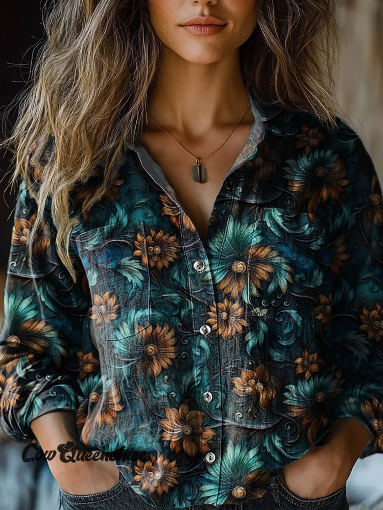Women’s Retro Green Floral Print Casual Long Sleeve Comfortable Cotton Shirt Multicolor / S