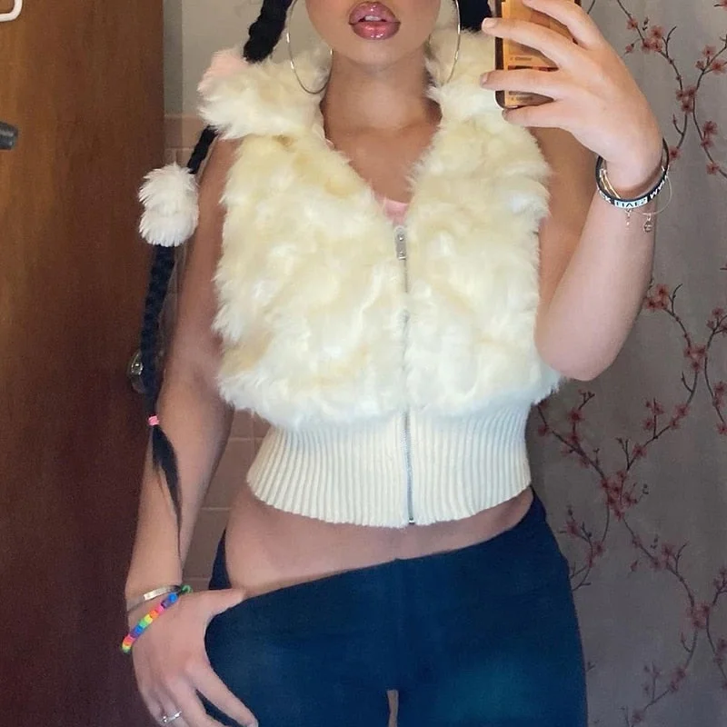 Rapcopter y2k Feathers Cropped Jackets Kawaii Aesthetic Zipper Tank Tops Warm Retro White Coat Women Grunge Fairycore Outerwear