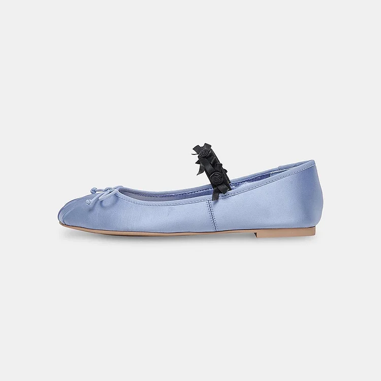 Satin Square Toe Strap Shoes Bow & Floral Ballet Flats in Light Blue |FSJ Shoes