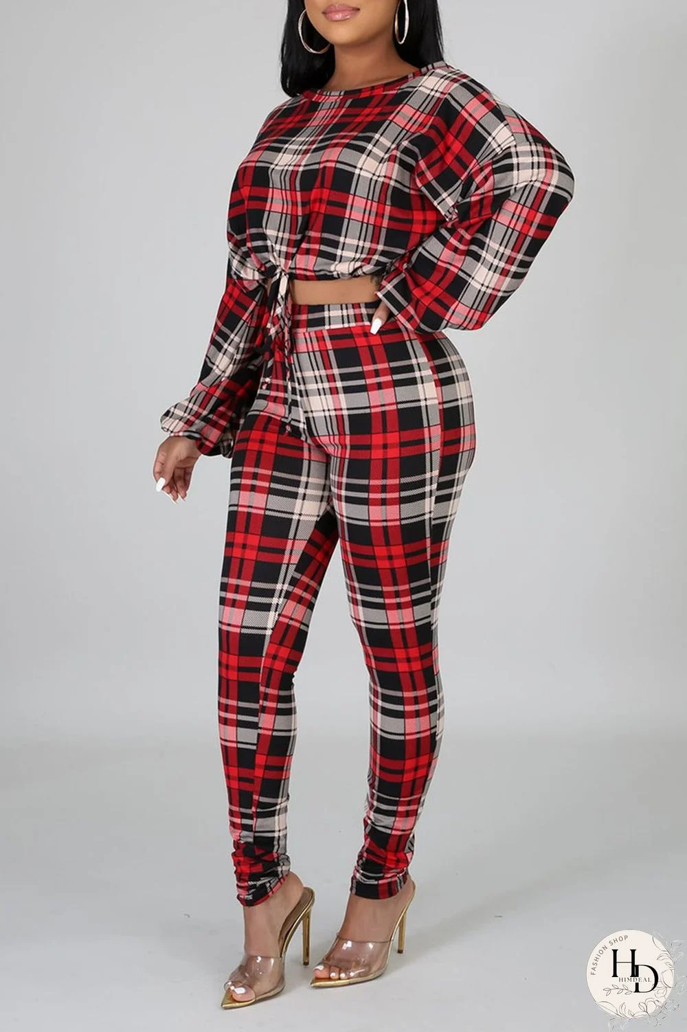 Rose Red Casual Print Split Joint Draw String O Neck Long Sleeve Two Pieces