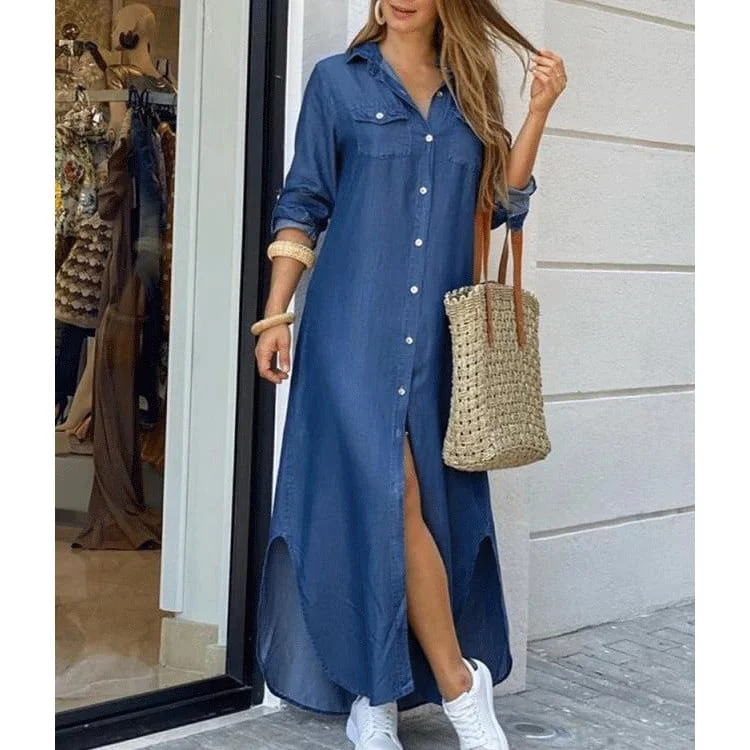 Trendy Lapel Casual Long Sleeve Dress (Buy 2 Free Shipping)