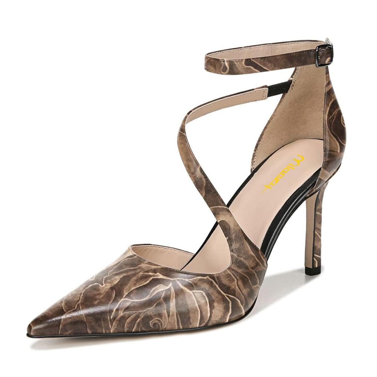 Brown Rose Printed Pointed Toe Stiletto Heel Buckle Strap Pumps Shoes Nicepairs