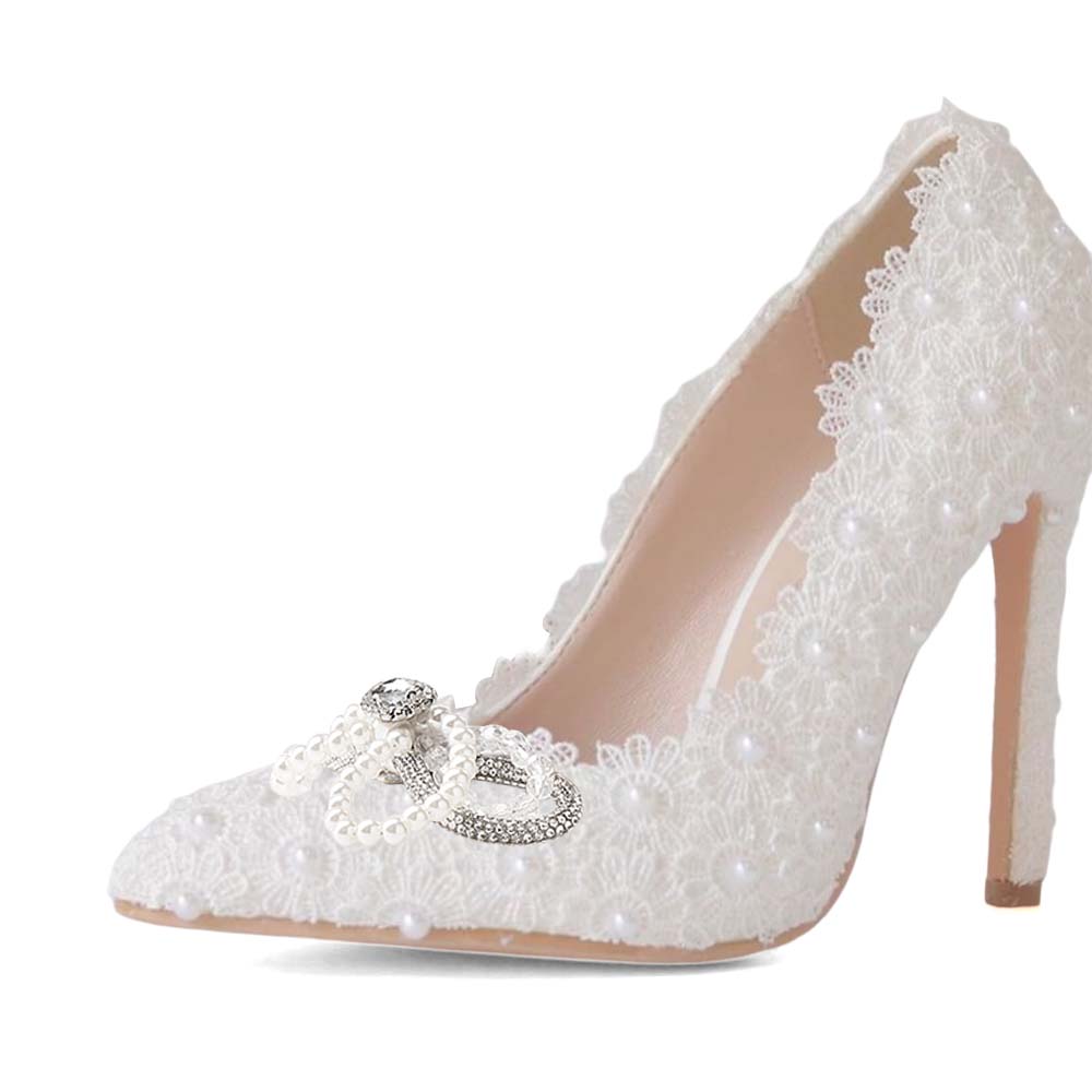 White Floral Lace Wedding Shoes Pointed Toe Pearl Bow 4 Inch Heels Nicepairs