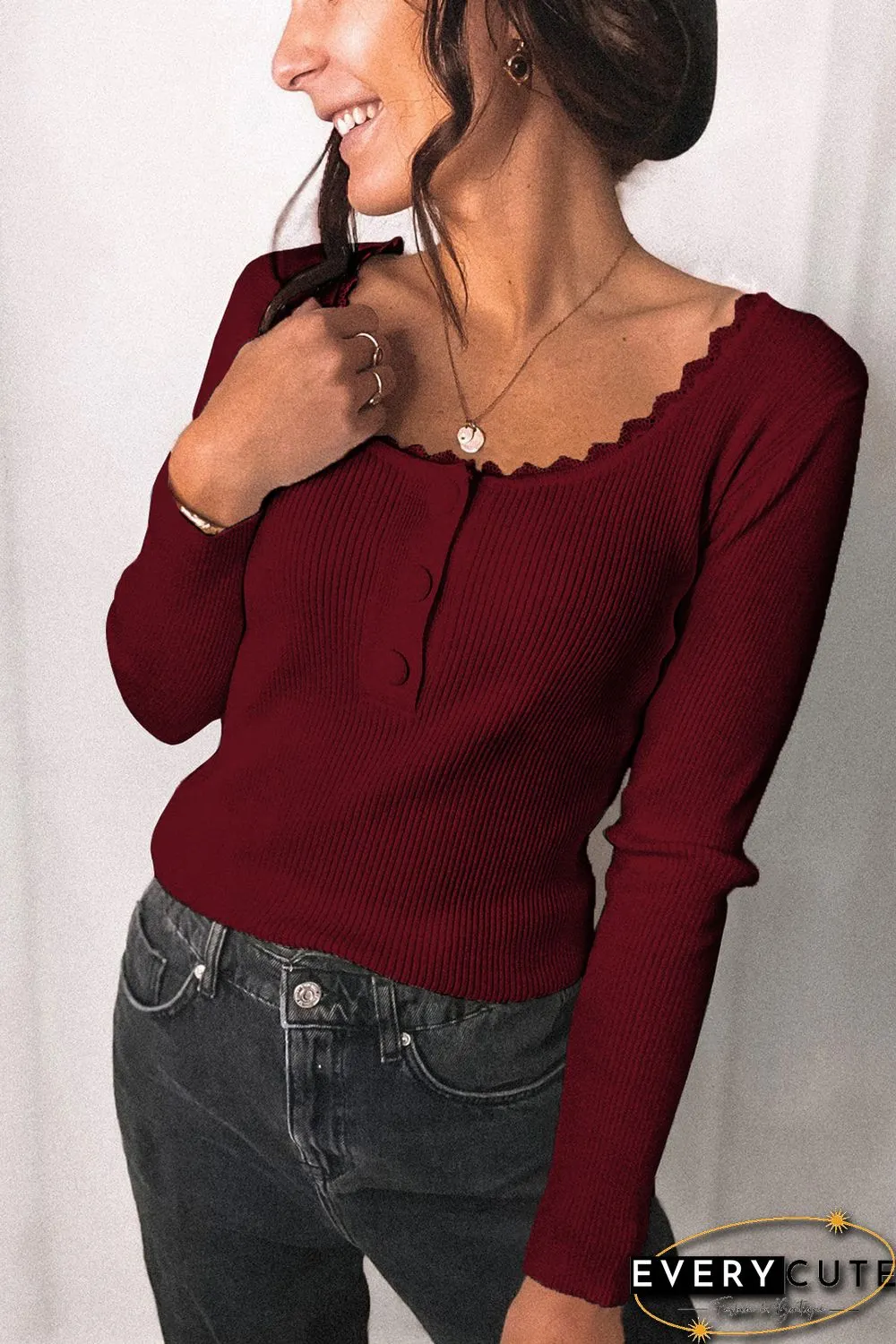 Wine Red Lace Knitted Buttoned Long Sleeve Sweater