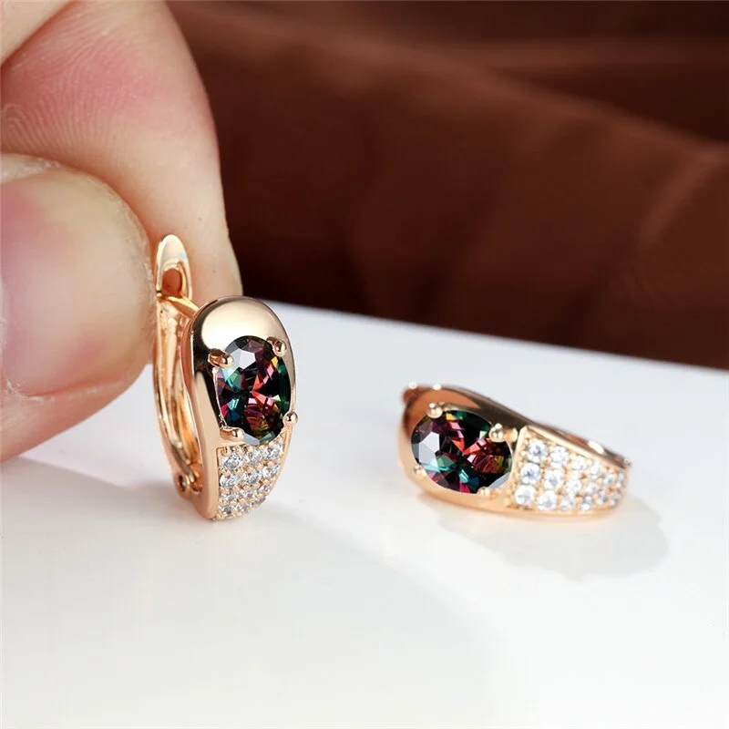 Vintage Female Rainbow Zircon Stone Earrings Cute Rose Gold Color Clip Earrings For Women Charm Crystal Round Wedding Earrings