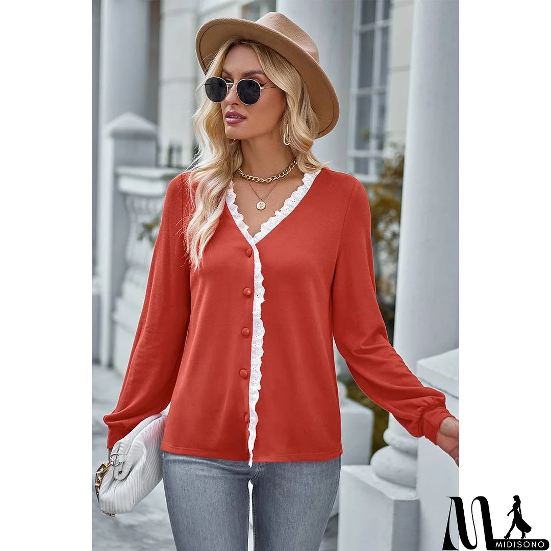 MidiSono - Front Open Button Lace Trim Fit V Neck Top