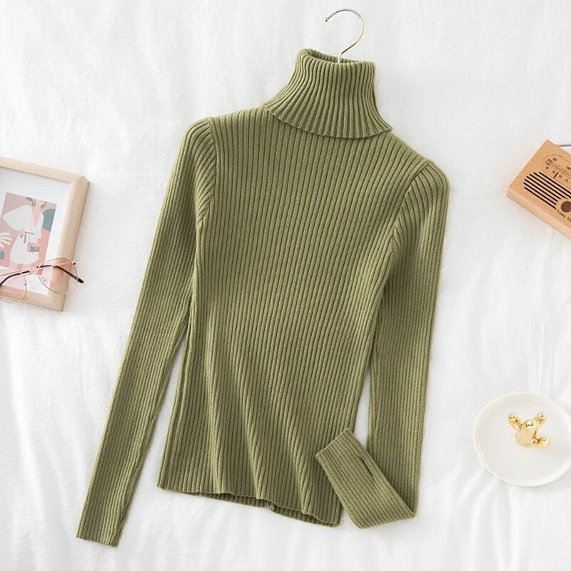 Christmas Gift 2023 Warm Thick Autumn Winter Women Sweater Pullover Basic Ribbed Sweaters Cotton Tops Knitted Solid Turtleneck With Thumb Hole