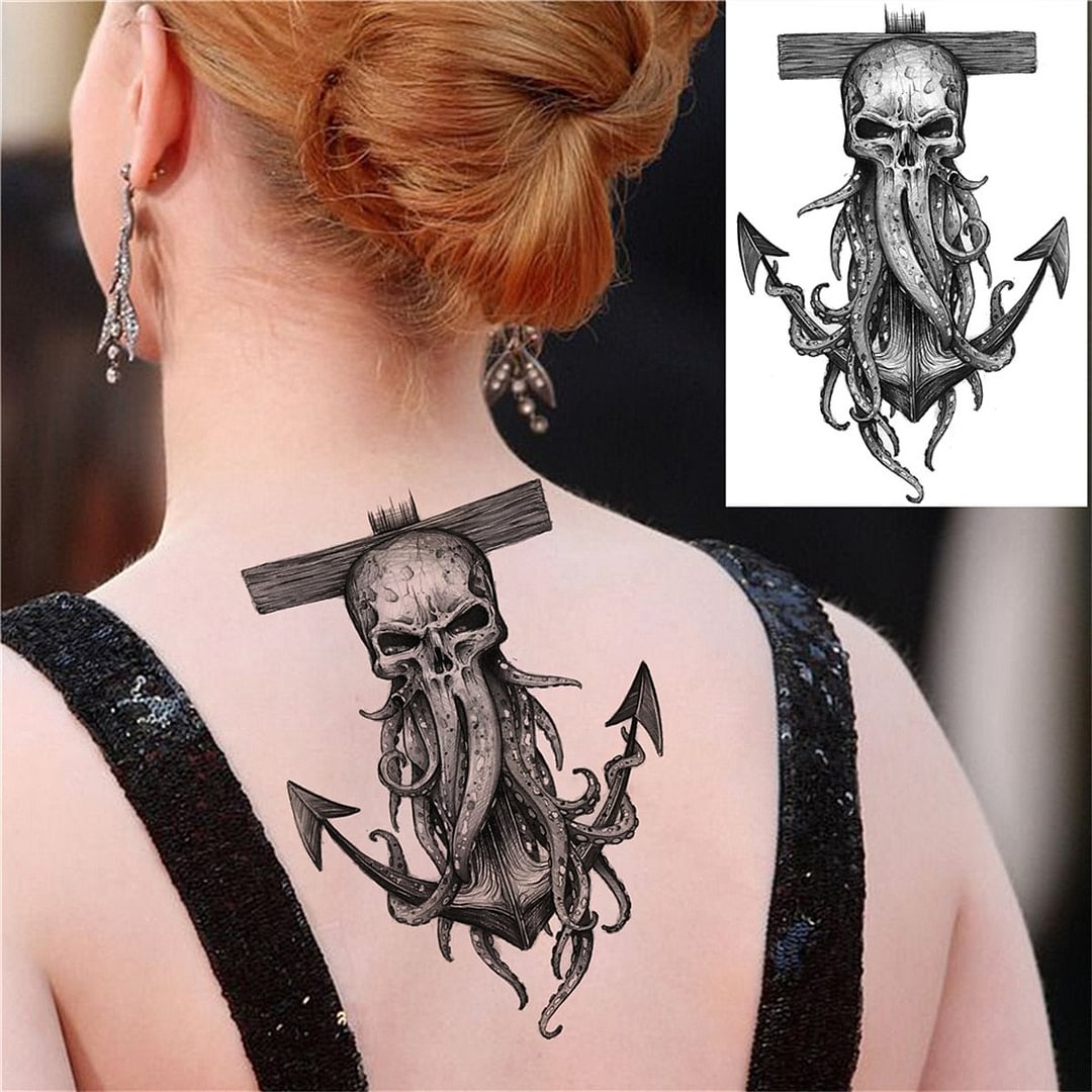 Octopus Anchor Skull Temporary Tattoos For Women Men Adult Pirate Black Skeleton Tattoo Sticker Fake Wolf Lion Tiger Tatoos Back
