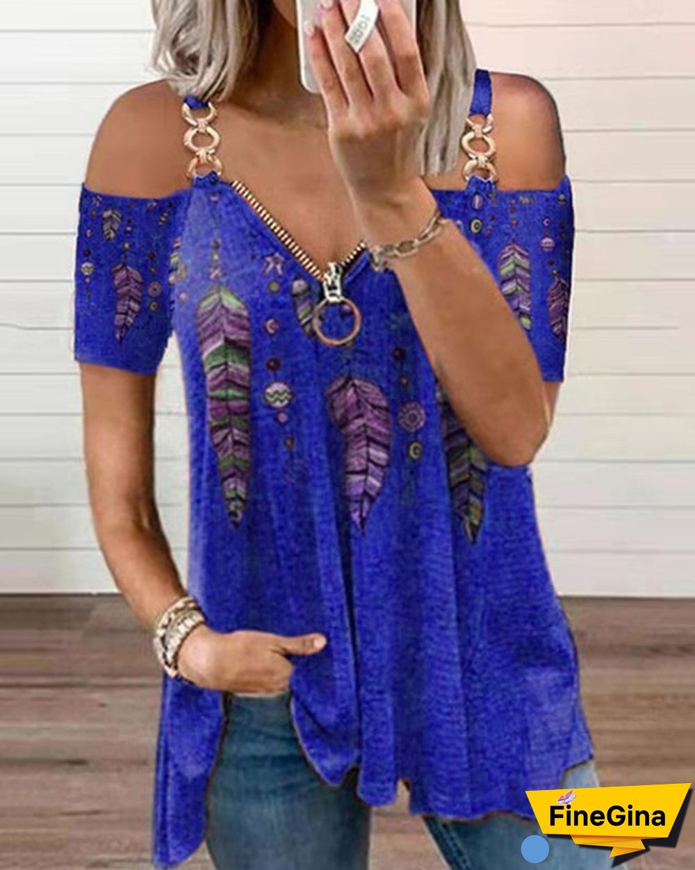 Summer New Fashion Women's Feather Printed Metal Strap Zipper V-neck Casual Strapless Short Sleeve Top Loose Plus Size Soft and Comfortable Summer T Shirt Shirt XS-5XL