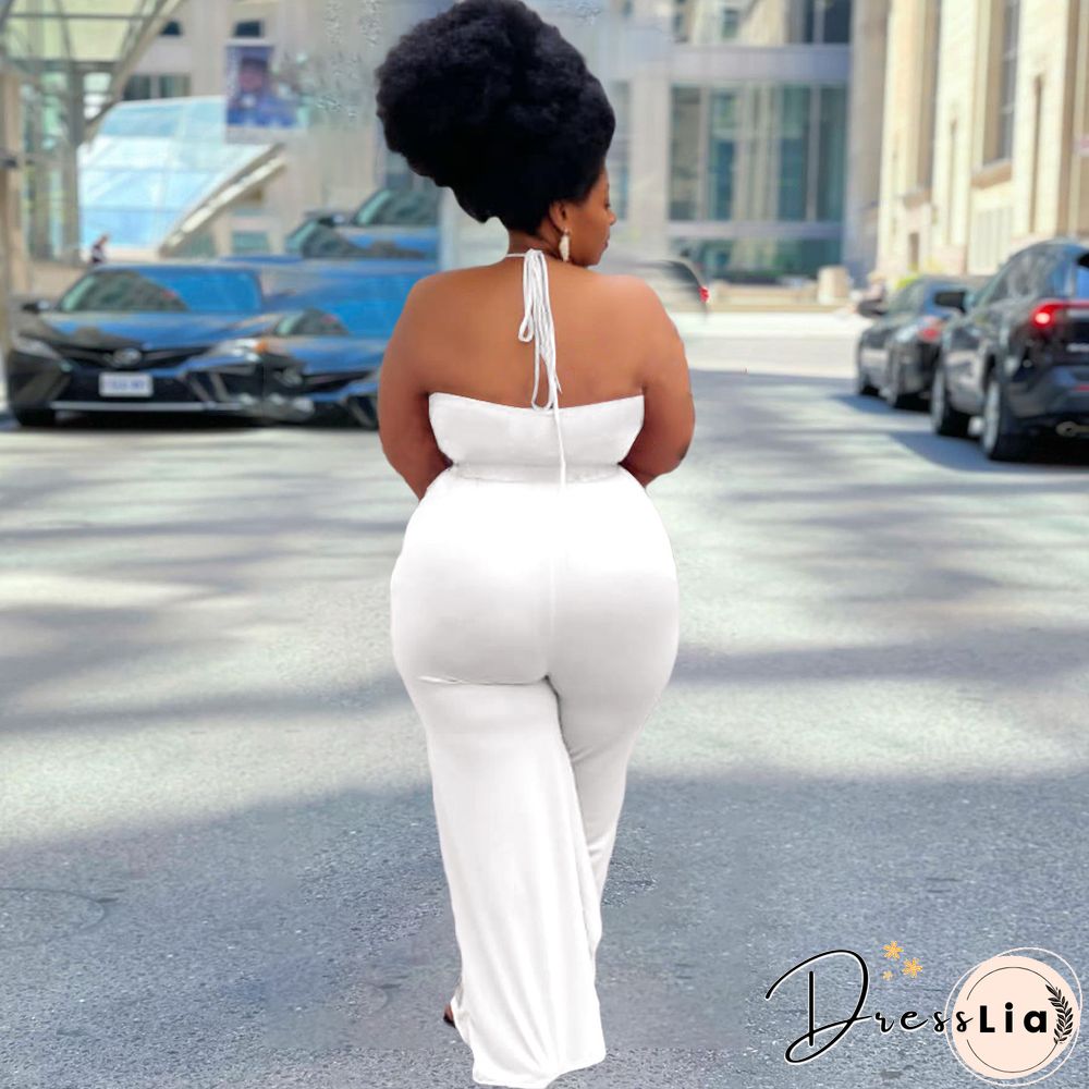 Casual Solid Color Sleeveless Ruffle Halter Lace Up Party Club Summer Plus Size Loose Wide Leg Jumpsuits
