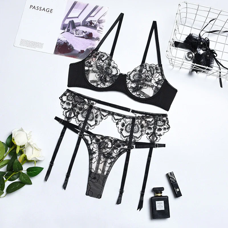 Billionm Lingerie Transparent Bra Embroidery Underwear Set See Through Beautiful Exotic Sets Garters Fancy Short Skin Care Kits