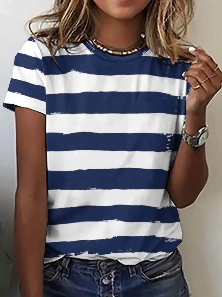 Printed Short Sleeve Casual T-shirt for  Women and Men Unisex Pattern Striped, Blue