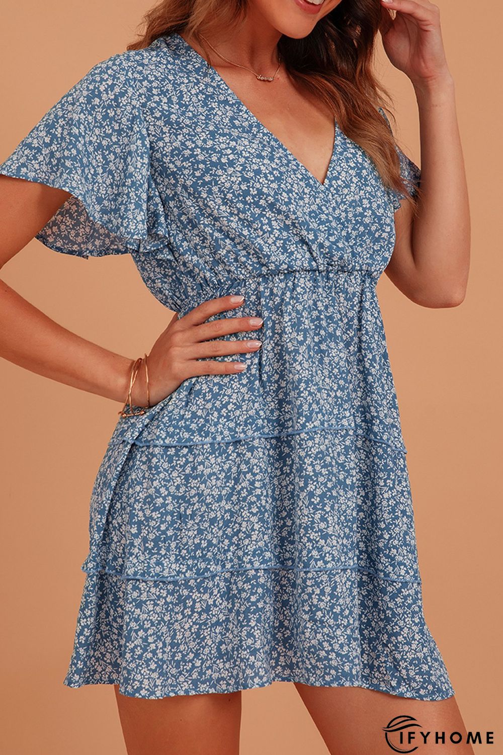 Blue Sweet V Neck Silk-Chiffon Weaving Dress | IFYHOME