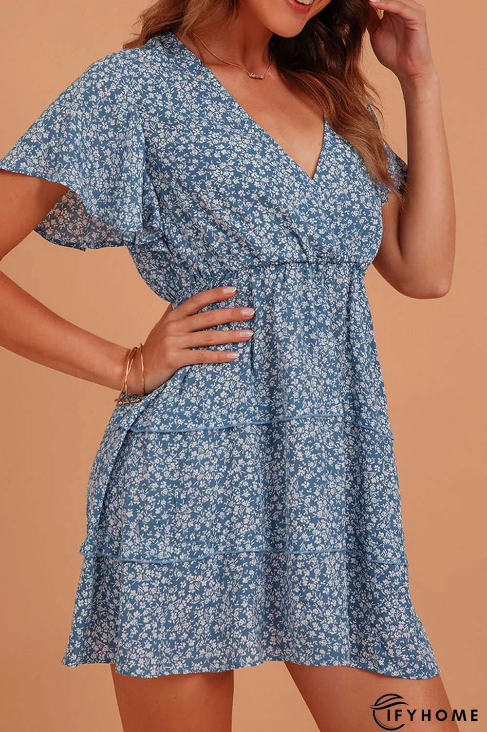 Blue Sweet V Neck Silk-Chiffon Weaving Dress | IFYHOME
