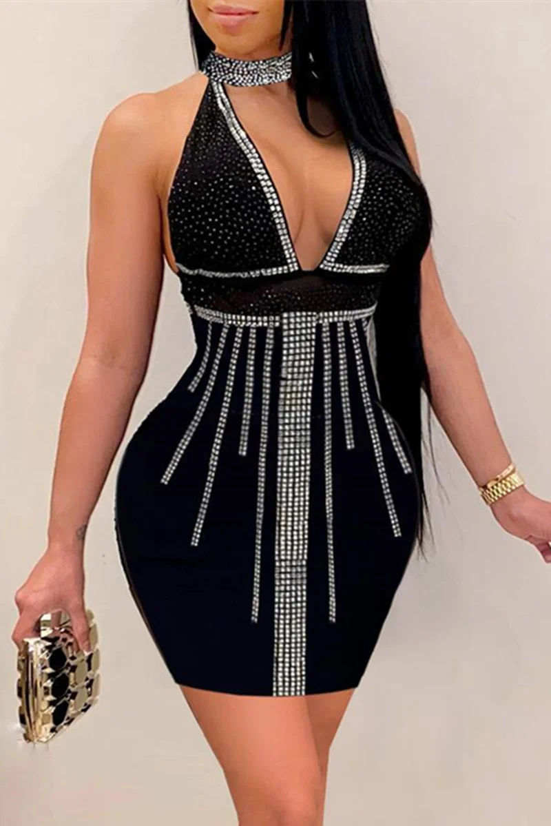 Black Fashion Sexy Patchwork Hot Drilling Hollowed Out Backless Halter Sleeveless Dress