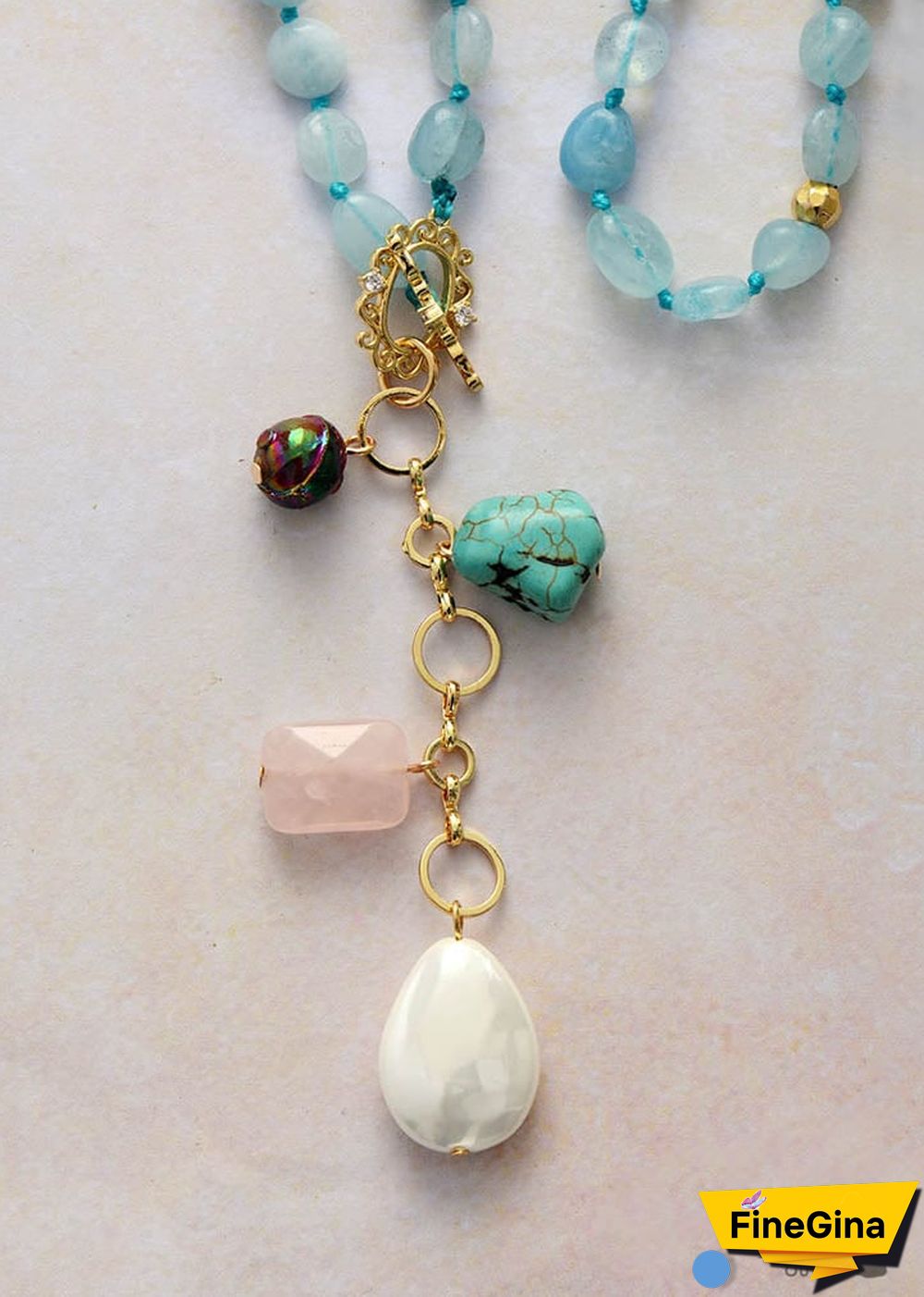 Boho Necklace, Mala Necklace,Blue Aquamarine, Rose Charm, Elegant Lariat