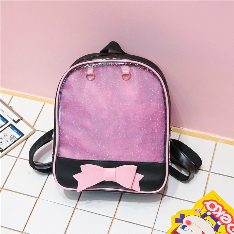 New Japanese Soft Girl Bow Cute Fresh Backpack Pain Bag Women’s College Student Schoolbag Transparent Bag
