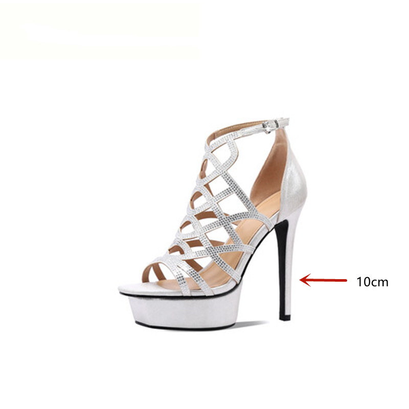 GOOSHOE Women's Leather Rhinestone Square Head Thin High Heel Platform Sandals