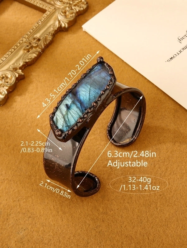 Retro Baroque Style Punk Geometric Natural Stone Labradorite Asymmetrical Irregular Handmade Natural Stone Women's Wide Bracelet