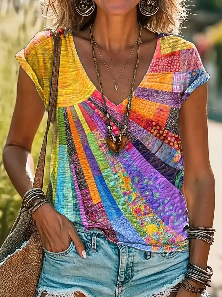 Women's Colorful Sunshine Print 100%Cotton V-neck T-Shirt