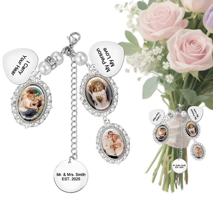 DYOART Custom Wedding Charms for Bouquet | Memorial Gifts for Bride Wedding Party | Personalized Bouquet Charms for Bridal | 3 Photos Pin Wedding Decorations