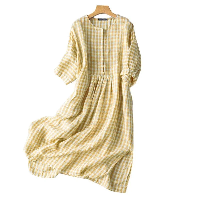 2022 ZANZEA Women Vintage Plaid Dresses Vestidos Summer Puff Sleeve Midi Dress Sundress Casual A-line Baggy Oversized Robe Femme