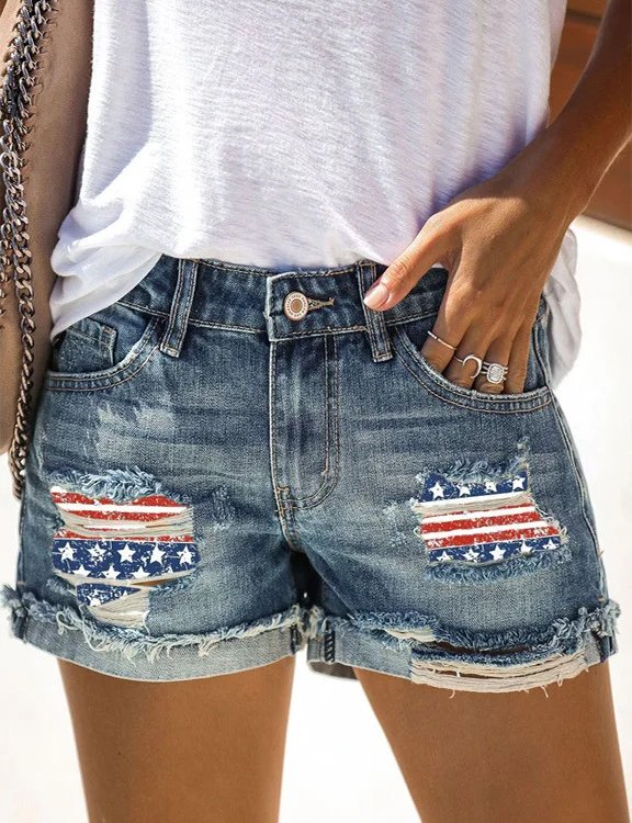 American Flag Mid-Rise Cutoff Stretch Denim Shorts