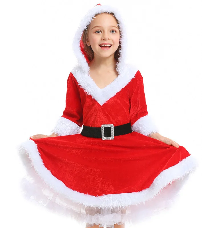 Christmas Girl Red Santa Claus Puffy Dress and Belt Parent-Child Clothing Novameme